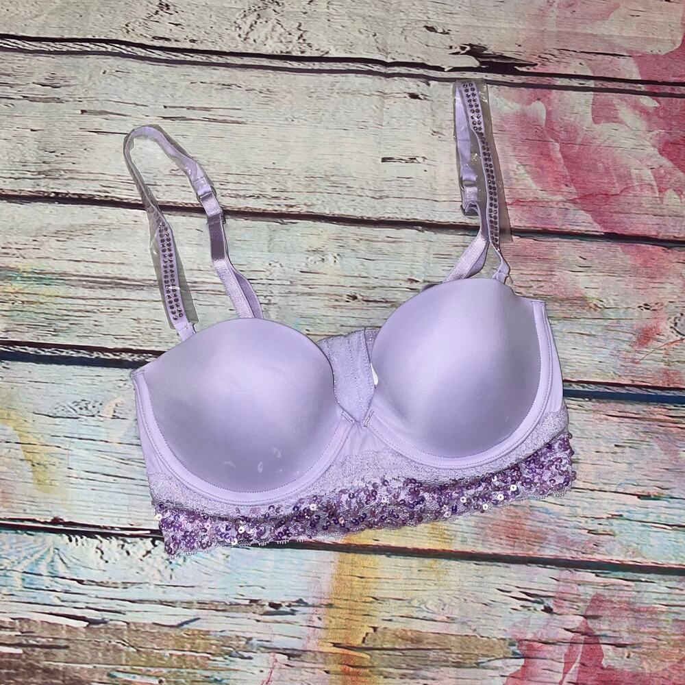 Victoria's Secret PINK Bustier Bra Womens 32C Lilac Sequin Embellished Purple